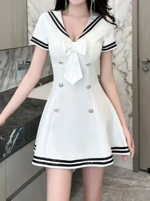 Vibrant Double Breasted Sailor Collar Flare Dress
