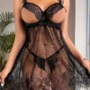 Sheer Open Bust Split Slip Dress & Thong