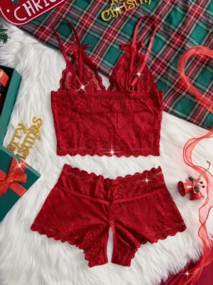 Hollow Out Bow Knot Bra & Open Crotch Boyshort Panties
