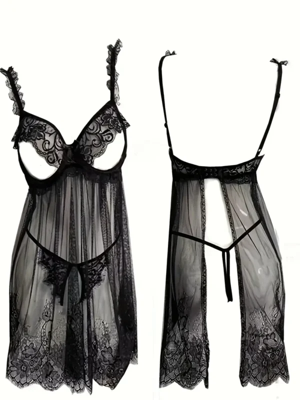 Sheer Open Bust Split Slip Dress & Thong