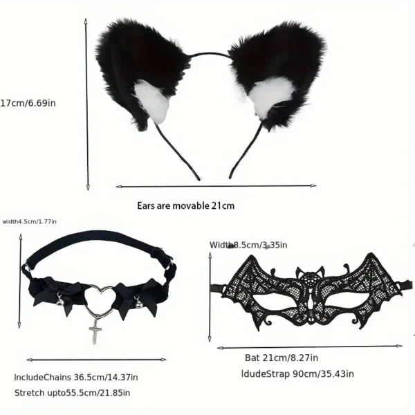 3Pcs Sexy Cat Ear Headband Tied with Bat Mask Sweet Choker Collar