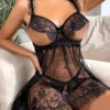 Sheer Open Bust Split Slip Dress & Thong